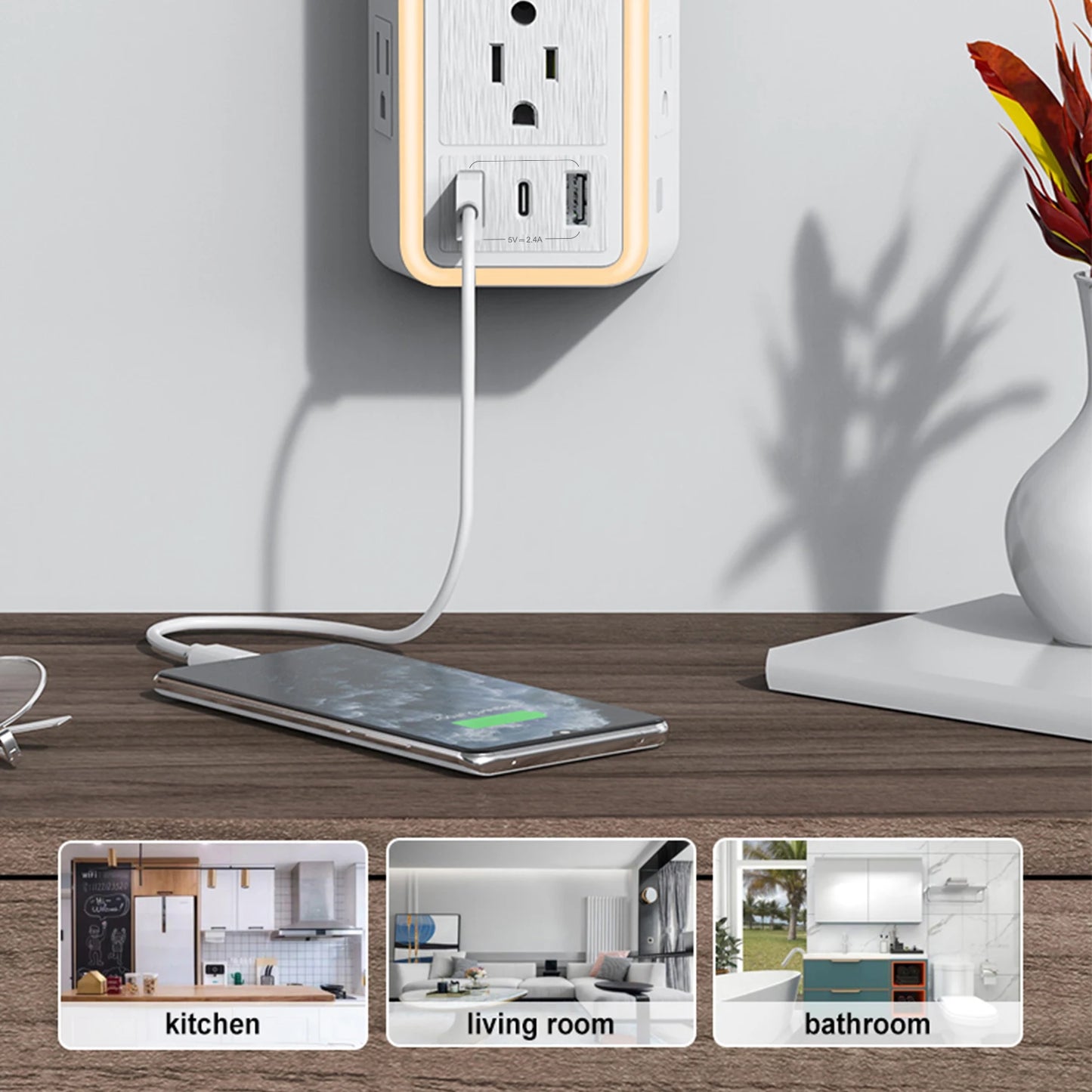 9-In-1 Surge Protector 6-Outlet Extender with 2 USB & 1 USB-C Ports Power Strip Multi Plug Outlets Wall Adapter Spaced for Home