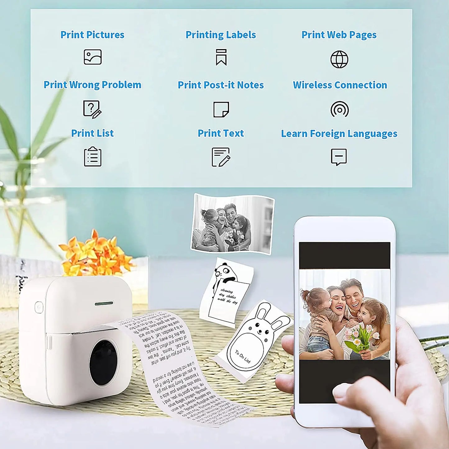 Pocket Printer Wireless BT Thermal Printers with 1 Rolls Printing Paper and 1200Mah Battery, Portable Inkless Printer