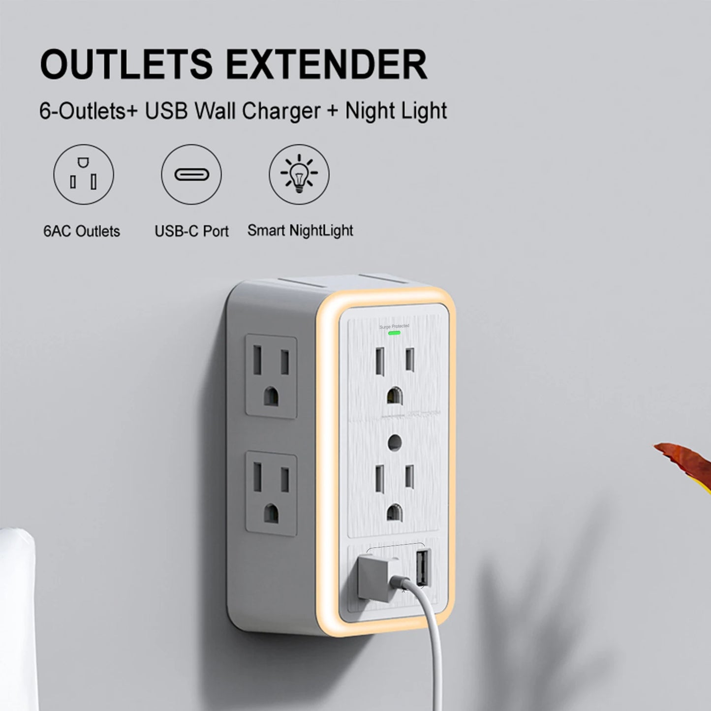 9-In-1 Surge Protector 6-Outlet Extender with 2 USB & 1 USB-C Ports Power Strip Multi Plug Outlets Wall Adapter Spaced for Home