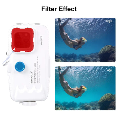 PULUZ 40M/130Ft Waterproof Diving Case for  15 14 13 12 11 Pro Max plus with One-Way Valve Underwater Video Housing Cover