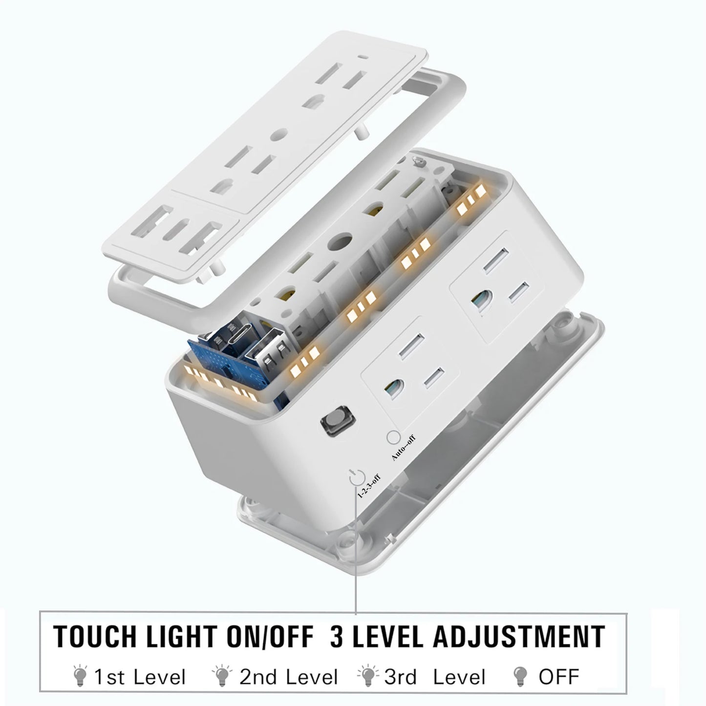 9-In-1 Surge Protector 6-Outlet Extender with 2 USB & 1 USB-C Ports Power Strip Multi Plug Outlets Wall Adapter Spaced for Home